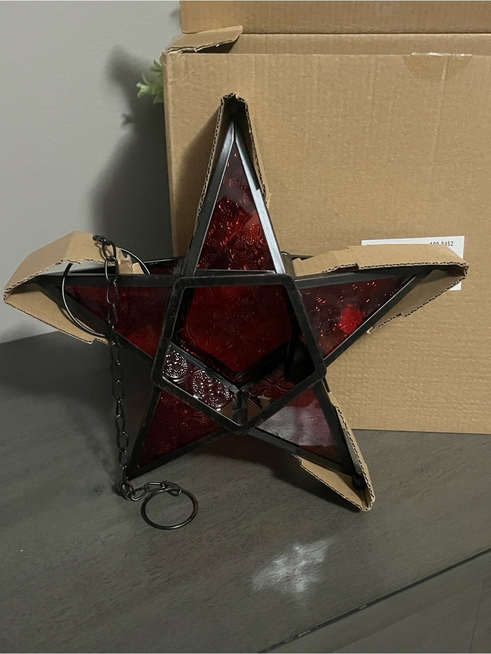 Vintage Moravian Red Stained Glass Metal Star Tea Light Candle Holder 10” tall ~